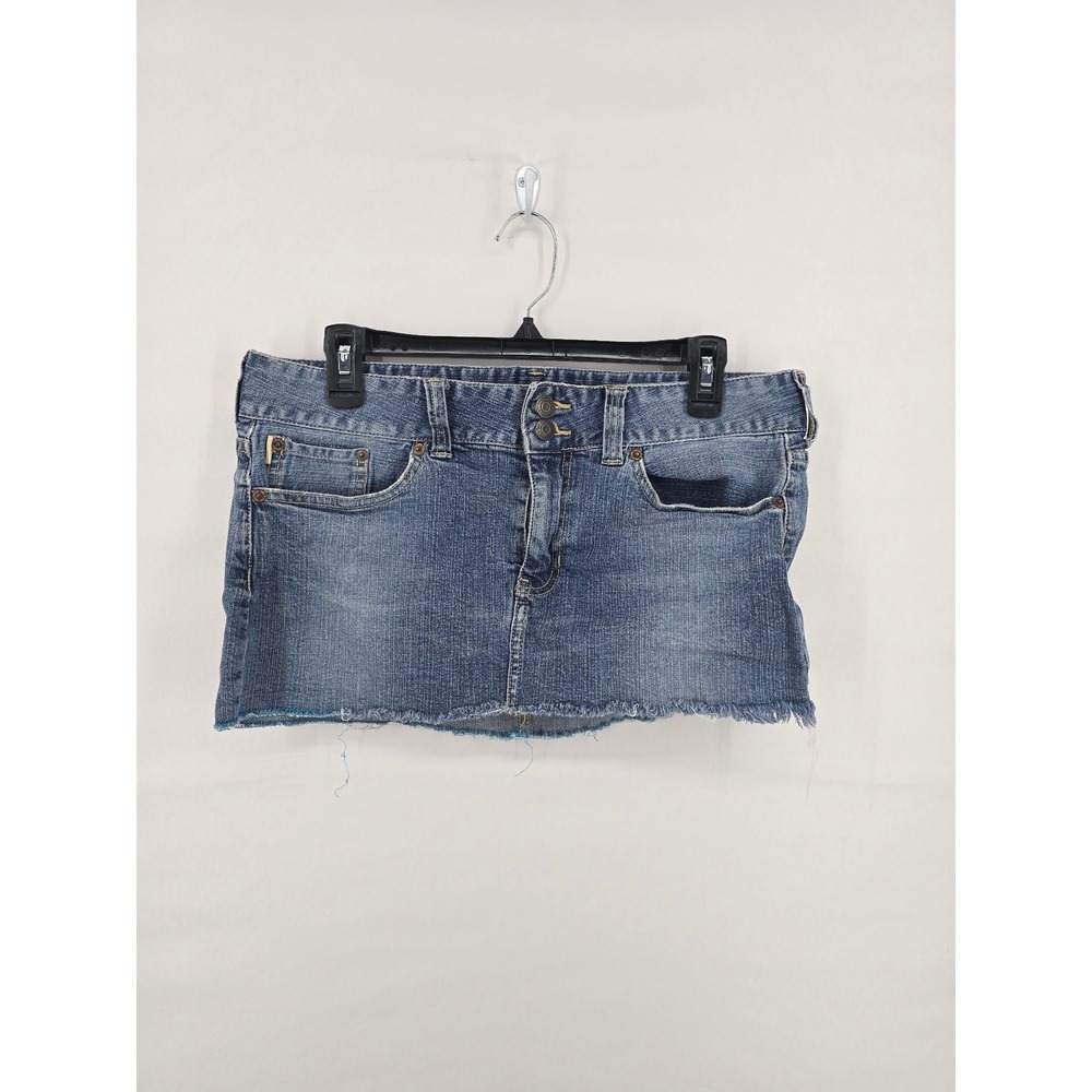 Hollister‎ Womens Denim Mini Skirt Medium Wash Raw Hem Low Rise Size 9